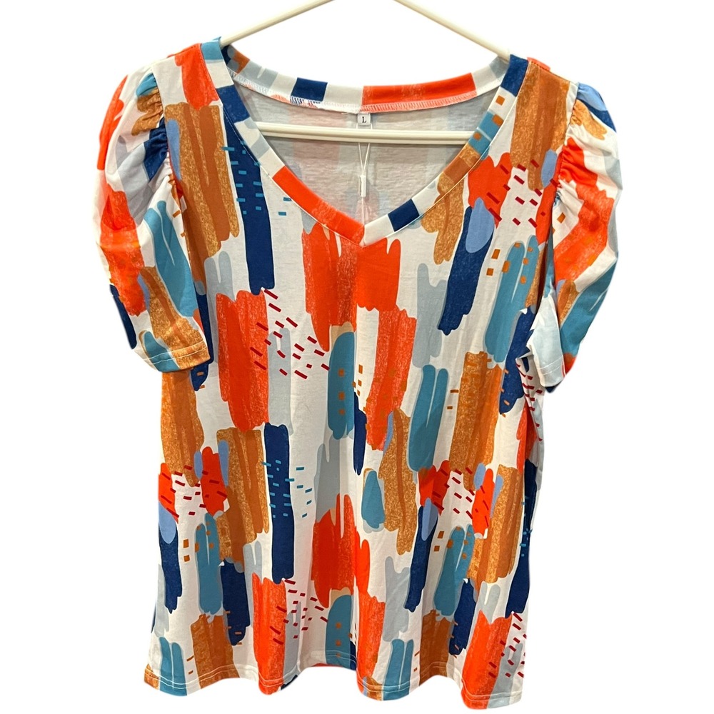 Ofeefan Bright Abstract Puff Sleeve Top‎ Women's Size Large Summer Resort New
